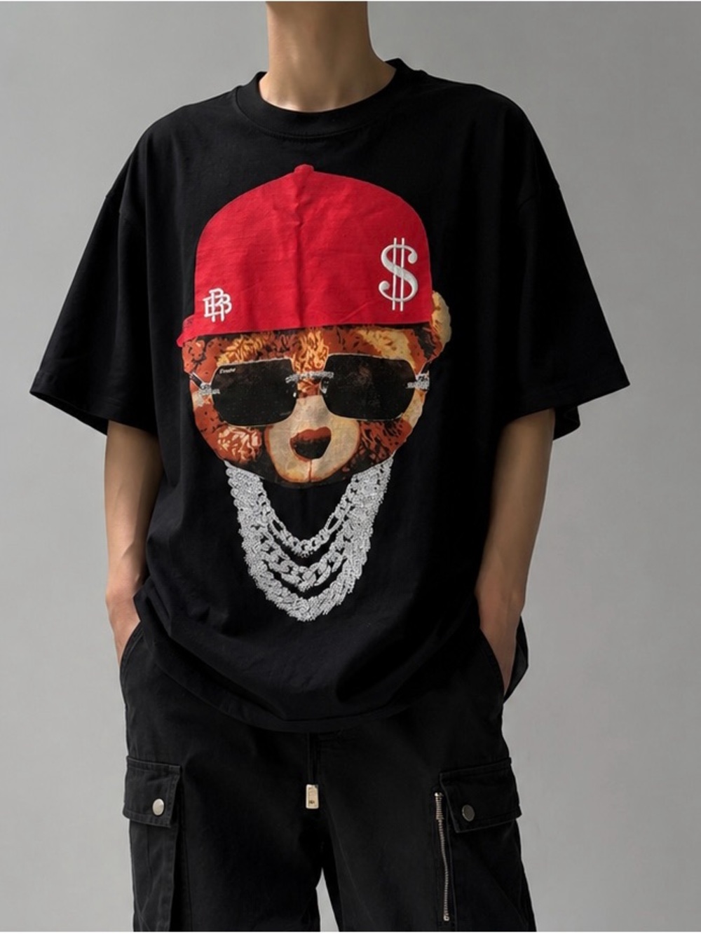 Reason Black Graphic Tee with Red Cap Bear Print